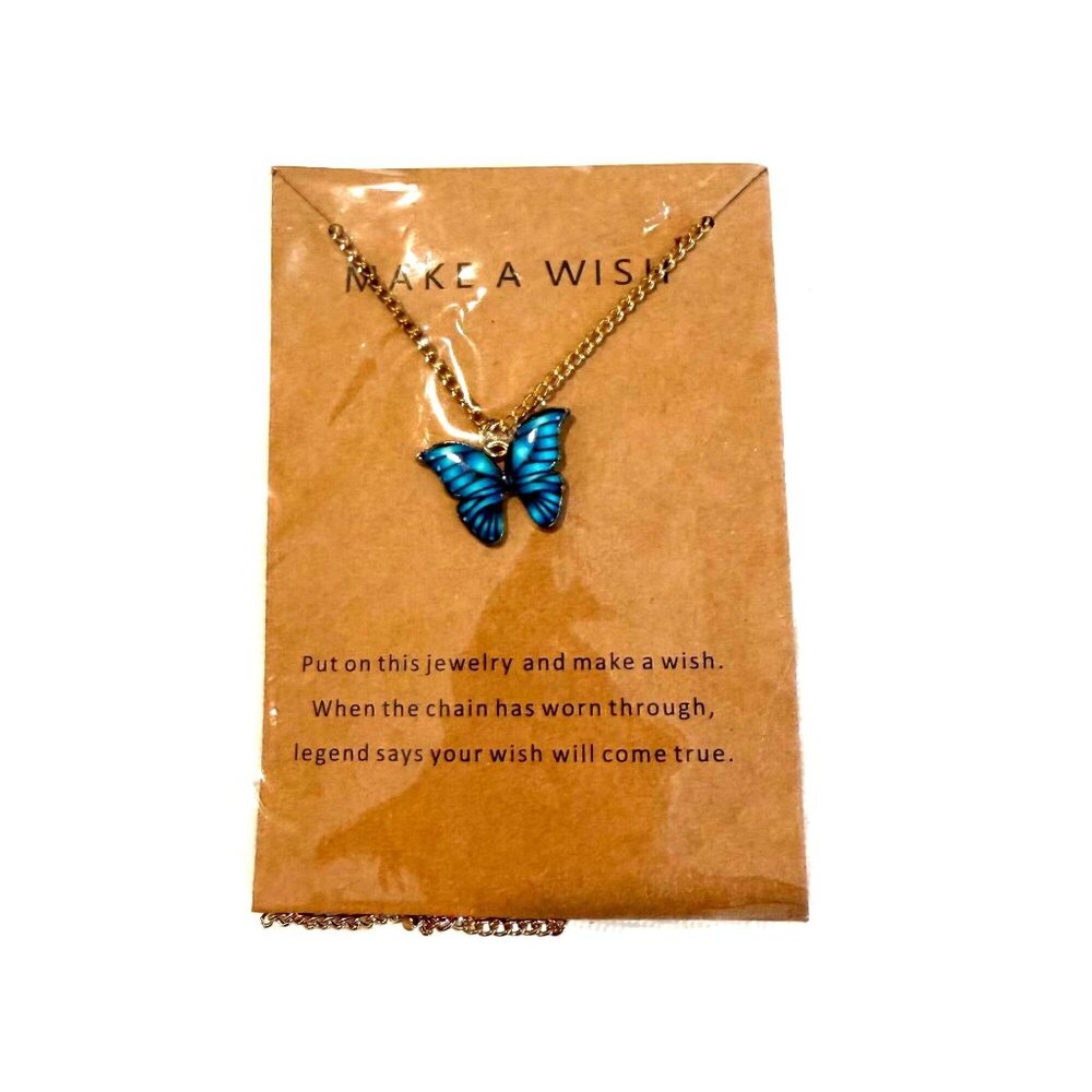 Make a Wish Blue Butterfly Pendant Necklace NEW Gold Chain Enamel